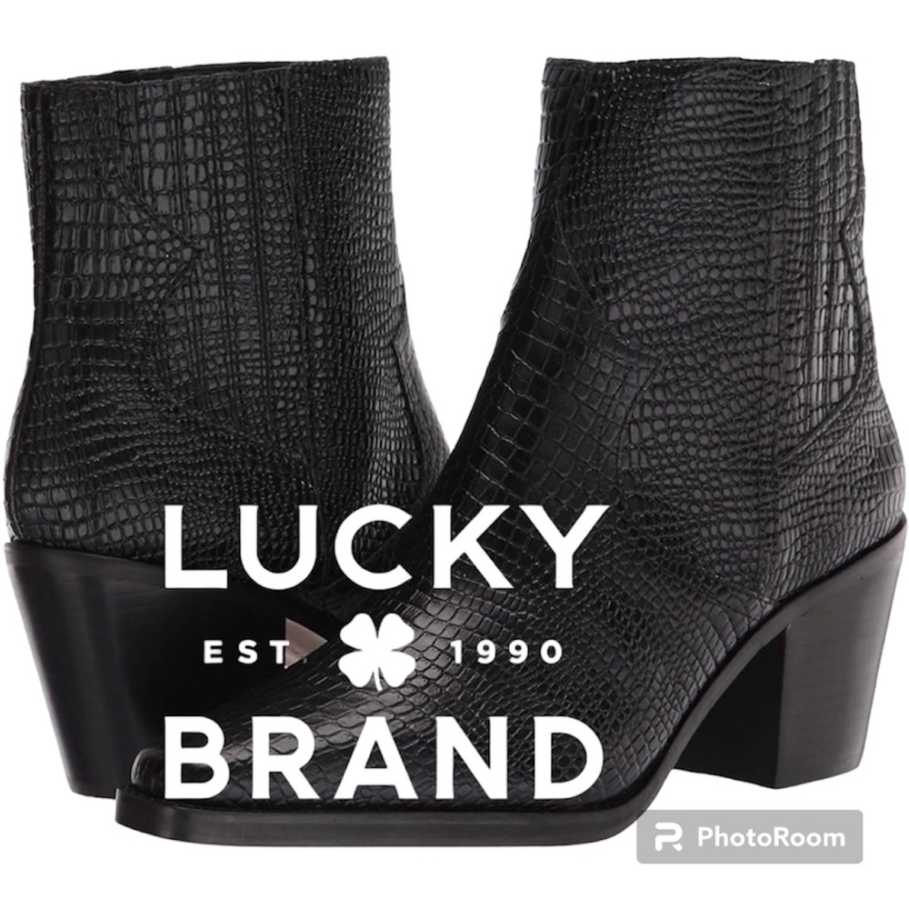 Lucky Brand Jaide black leather embossed crocodile bootie. Size 9